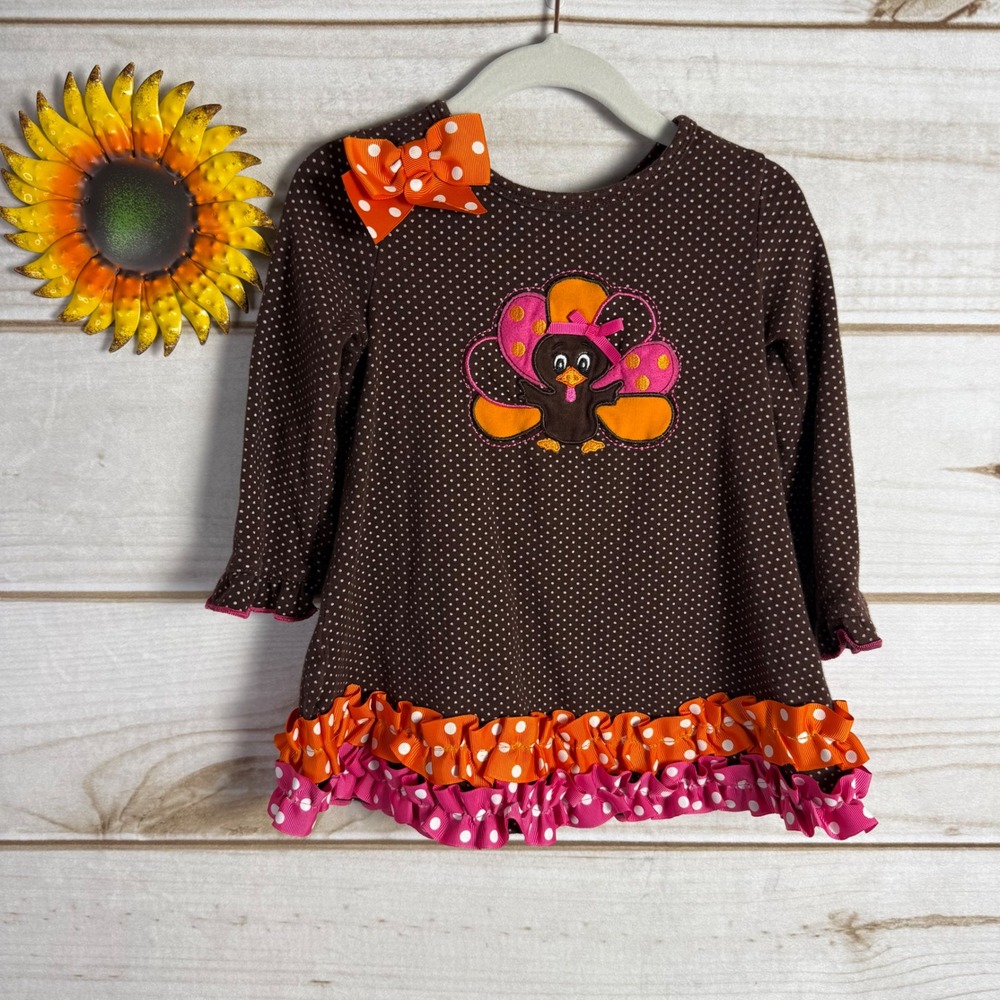 Ashley Ann Toddler Girls Brown Polka Dot Turkey Applique Ruffle Tunic 24M